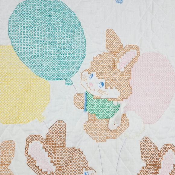 Vintage Quilted Embroidered Kitschy Baby Blanket 42x33" Pastels Bunnies Cottage - Picture 3 of 6